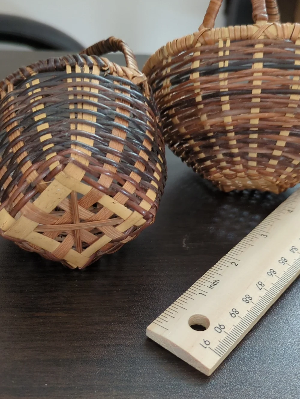 Mini Handwoven Brown Wicker Decorative Basket with Handle - Set of 2